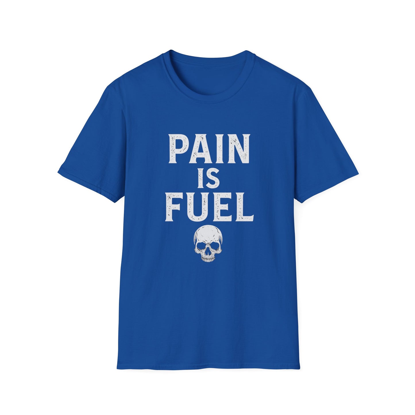 Motivational Skull T-Shirt, Unisex Softstyle Tee, Workout Apparel, Fitness Gift, Casual Wear, Pain is Fuel Design