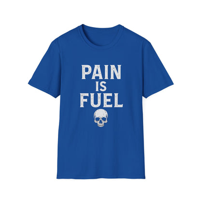 Motivational Skull T-Shirt, Unisex Softstyle Tee, Workout Apparel, Fitness Gift, Casual Wear, Pain is Fuel Design