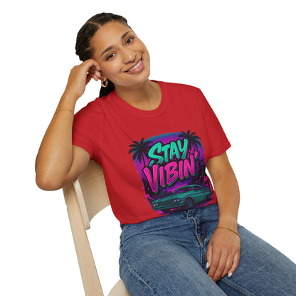 Stay Vibin' Unisex Softstyle T-Shirt, Retro Summer Tee, Cool Graphic Shirt, Gifts for Him, Beach Party Apparel, Casual Wear