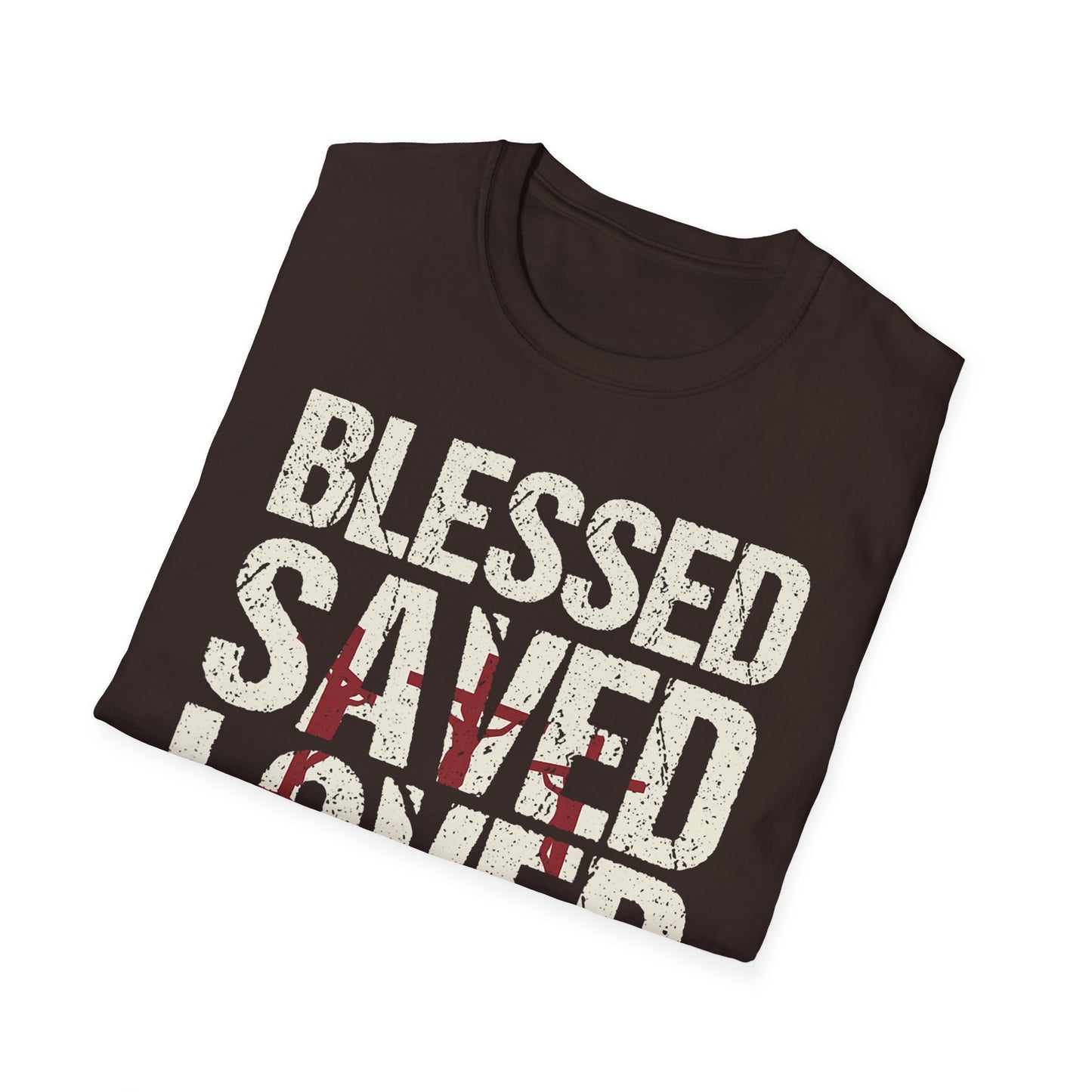 Faith-Inspired Graphic T-Shirt - Blessed, Saved, Loved - Perfect for Church, Gifts, or Everyday Wear