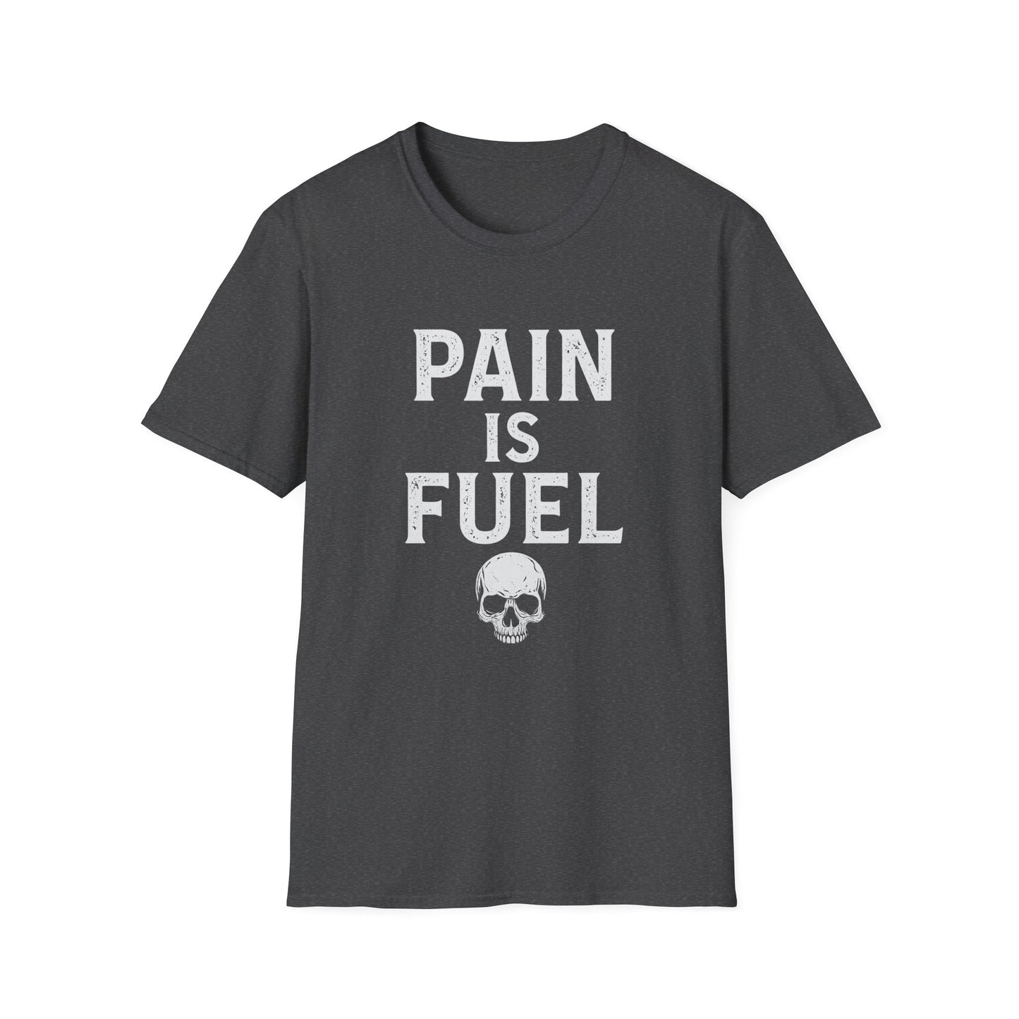 Motivational Skull T-Shirt, Unisex Softstyle Tee, Workout Apparel, Fitness Gift, Casual Wear, Pain is Fuel Design
