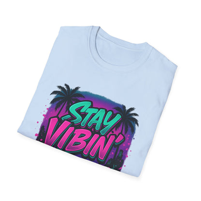 Stay Vibin' Unisex Softstyle T-Shirt, Retro Summer Tee, Cool Graphic Shirt, Gifts for Him, Beach Party Apparel, Casual Wear
