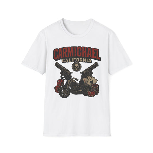 Carmichael California T-Shirt, Unisex Graphic Tee, Casual Wear, Gift for Motorcyclists, Vintage Style Clothing