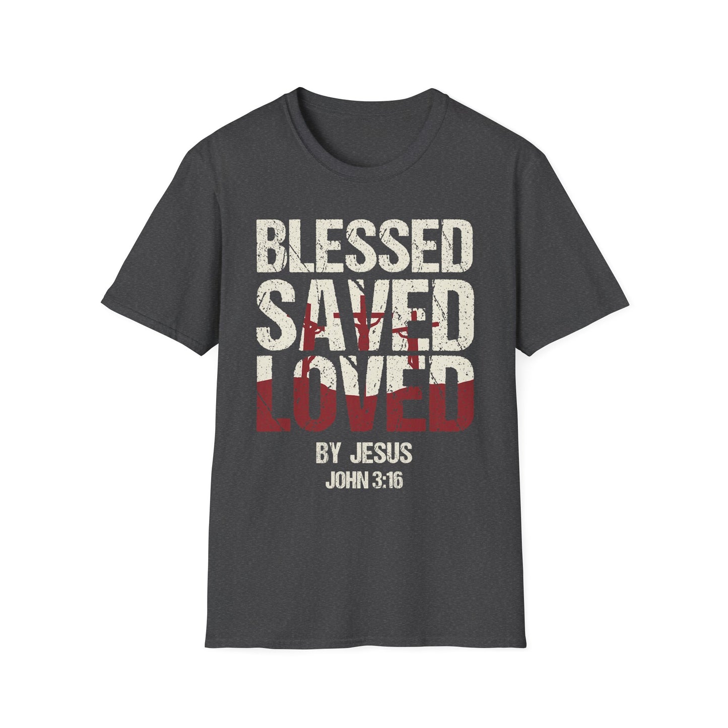 Faith-Inspired Graphic T-Shirt - Blessed, Saved, Loved - Perfect for Church, Gifts, or Everyday Wear