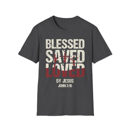 Faith-Inspired Graphic T-Shirt - Blessed, Saved, Loved - Perfect for Church, Gifts, or Everyday Wear
