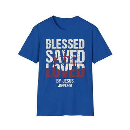 Faith-Inspired Graphic T-Shirt - Blessed, Saved, Loved - Perfect for Church, Gifts, or Everyday Wear