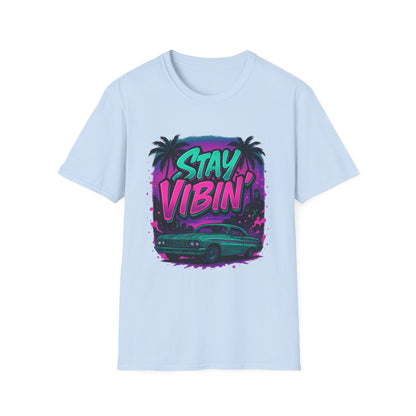 Stay Vibin' Unisex Softstyle T-Shirt, Retro Summer Tee, Cool Graphic Shirt, Gifts for Him, Beach Party Apparel, Casual Wear