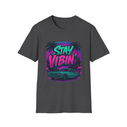 Stay Vibin' Unisex Softstyle T-Shirt, Retro Summer Tee, Cool Graphic Shirt, Gifts for Him, Beach Party Apparel, Casual Wear