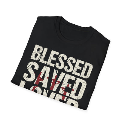 Faith-Inspired Graphic T-Shirt - Blessed, Saved, Loved - Perfect for Church, Gifts, or Everyday Wear