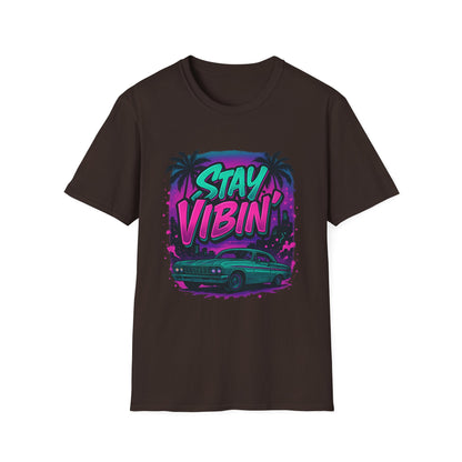 Stay Vibin' Unisex Softstyle T-Shirt, Retro Summer Tee, Cool Graphic Shirt, Gifts for Him, Beach Party Apparel, Casual Wear
