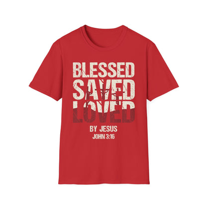 Faith-Inspired Graphic T-Shirt - Blessed, Saved, Loved - Perfect for Church, Gifts, or Everyday Wear
