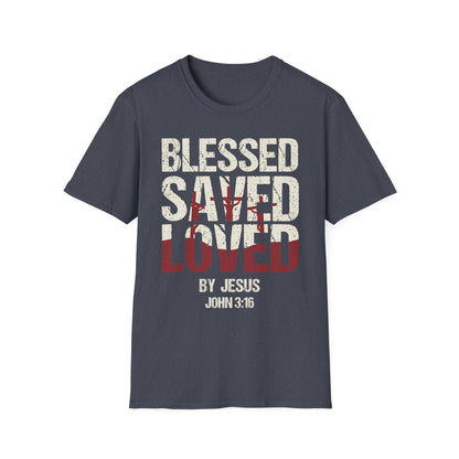 Faith-Inspired Graphic T-Shirt - Blessed, Saved, Loved - Perfect for Church, Gifts, or Everyday Wear