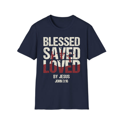 Faith-Inspired Graphic T-Shirt - Blessed, Saved, Loved - Perfect for Church, Gifts, or Everyday Wear