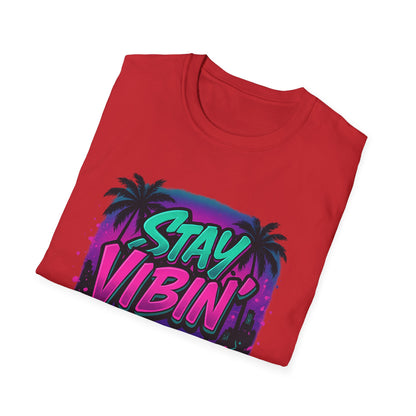 Stay Vibin' Unisex Softstyle T-Shirt, Retro Summer Tee, Cool Graphic Shirt, Gifts for Him, Beach Party Apparel, Casual Wear