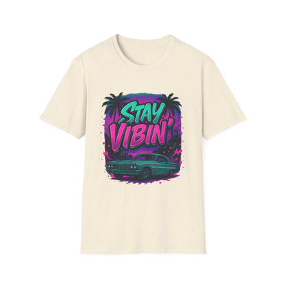 Stay Vibin' Unisex Softstyle T-Shirt, Retro Summer Tee, Cool Graphic Shirt, Gifts for Him, Beach Party Apparel, Casual Wear