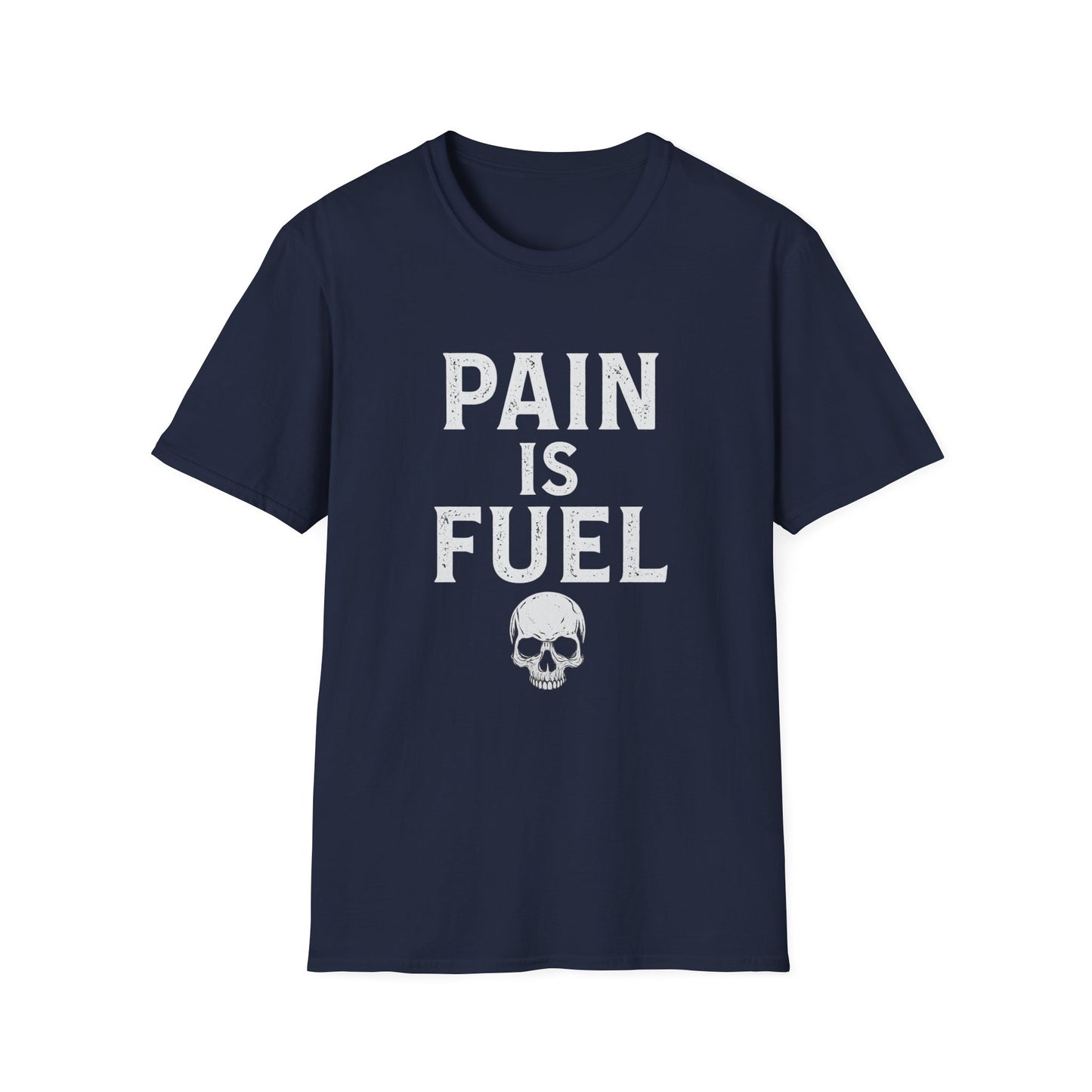 Motivational Skull T-Shirt, Unisex Softstyle Tee, Workout Apparel, Fitness Gift, Casual Wear, Pain is Fuel Design