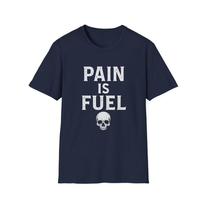 Motivational Skull T-Shirt, Unisex Softstyle Tee, Workout Apparel, Fitness Gift, Casual Wear, Pain is Fuel Design