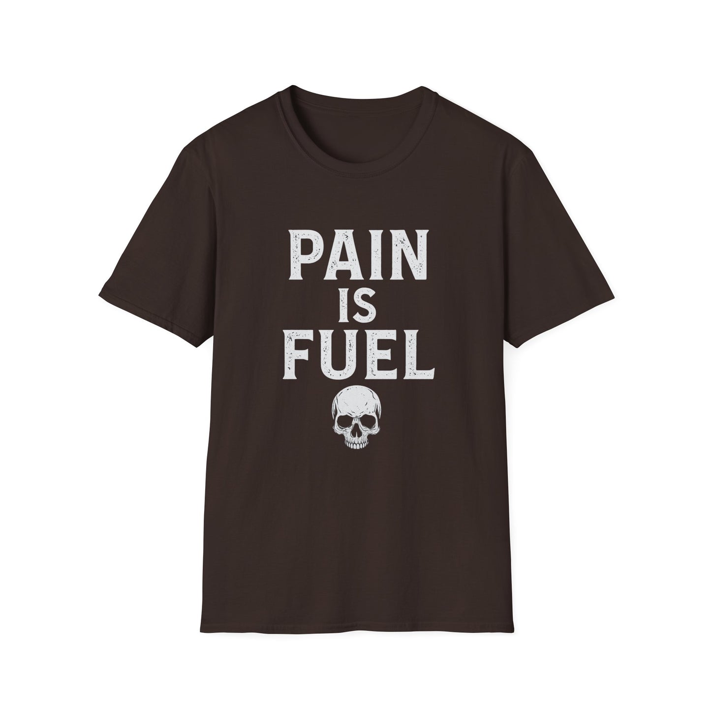 Motivational Skull T-Shirt, Unisex Softstyle Tee, Workout Apparel, Fitness Gift, Casual Wear, Pain is Fuel Design