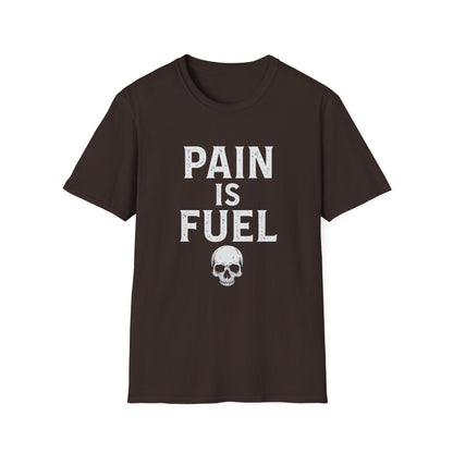 Motivational Skull T-Shirt, Unisex Softstyle Tee, Workout Apparel, Fitness Gift, Casual Wear, Pain is Fuel Design