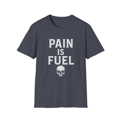 Motivational Skull T-Shirt, Unisex Softstyle Tee, Workout Apparel, Fitness Gift, Casual Wear, Pain is Fuel Design