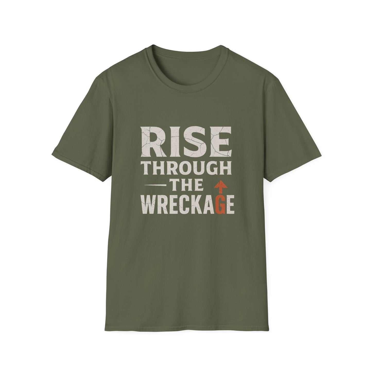 Inspirational Unisex Softstyle T-Shirt - Rise Through the Wreckage, Motivational Gift, Casual Wear, Workout Shirt, Uplifting Message Tee