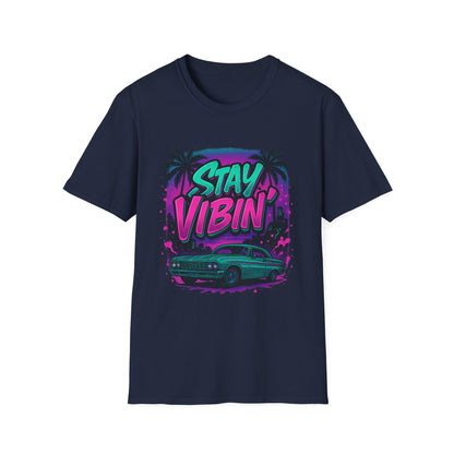 Stay Vibin' Unisex Softstyle T-Shirt, Retro Summer Tee, Cool Graphic Shirt, Gifts for Him, Beach Party Apparel, Casual Wear