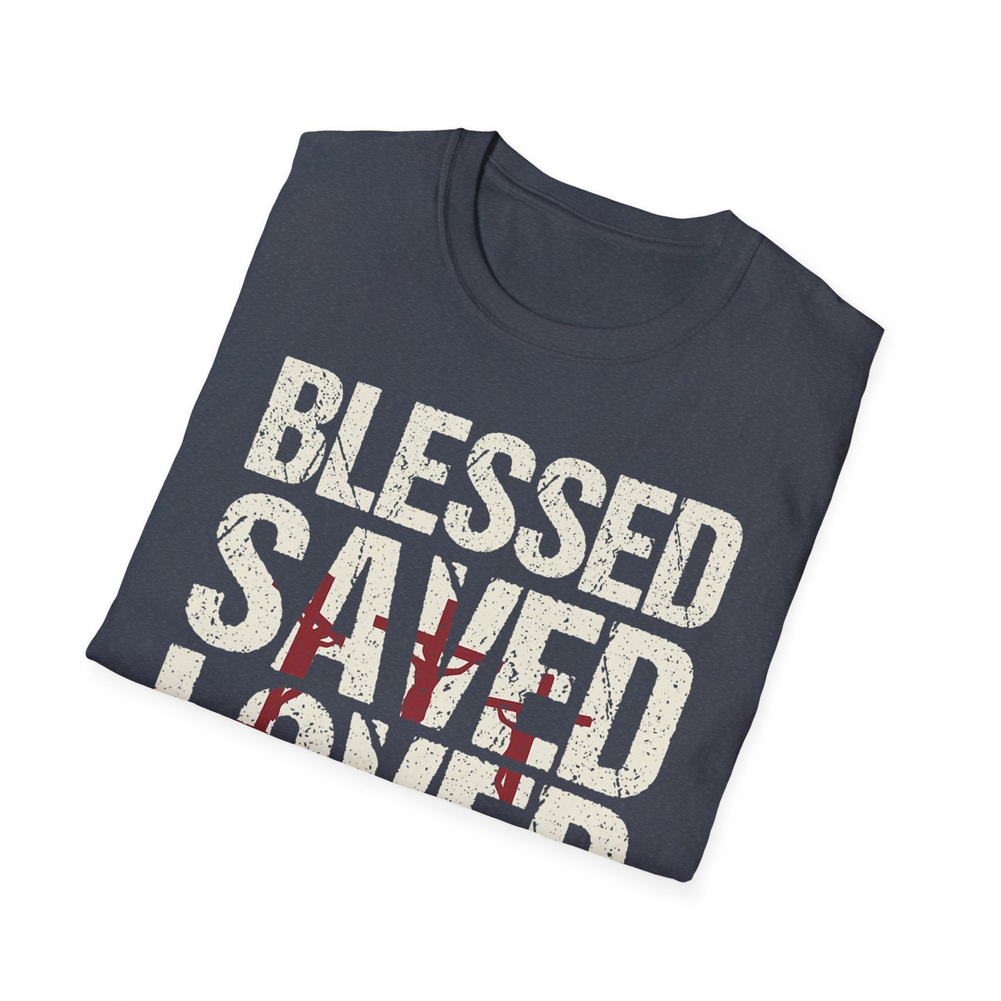 Faith-Inspired Graphic T-Shirt - Blessed, Saved, Loved - Perfect for Church, Gifts, or Everyday Wear