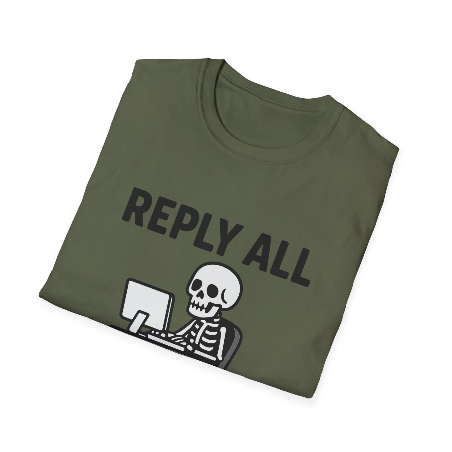 Reply All Champion Skeleton T-Shirt, Funny Office Humor Tee, Unisex Casual Wear, Halloween Gift, Great for Coworkers, Meme Lovers