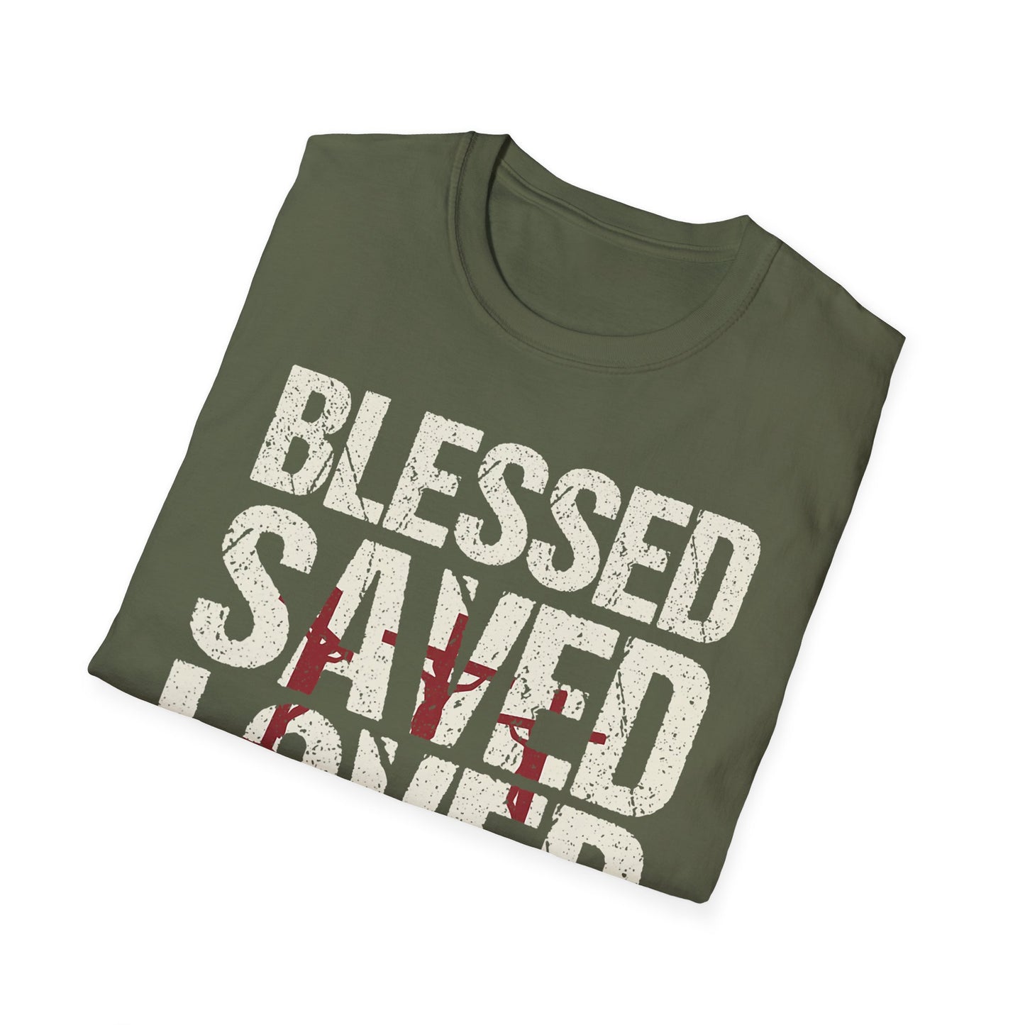 Faith-Inspired Graphic T-Shirt - Blessed, Saved, Loved - Perfect for Church, Gifts, or Everyday Wear