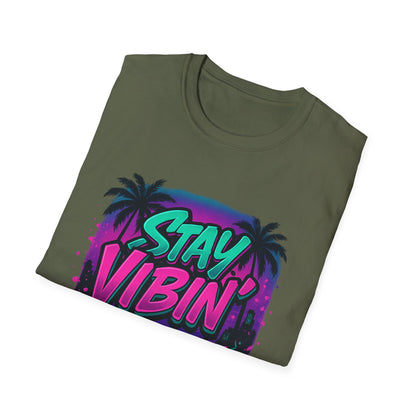 Stay Vibin' Unisex Softstyle T-Shirt, Retro Summer Tee, Cool Graphic Shirt, Gifts for Him, Beach Party Apparel, Casual Wear