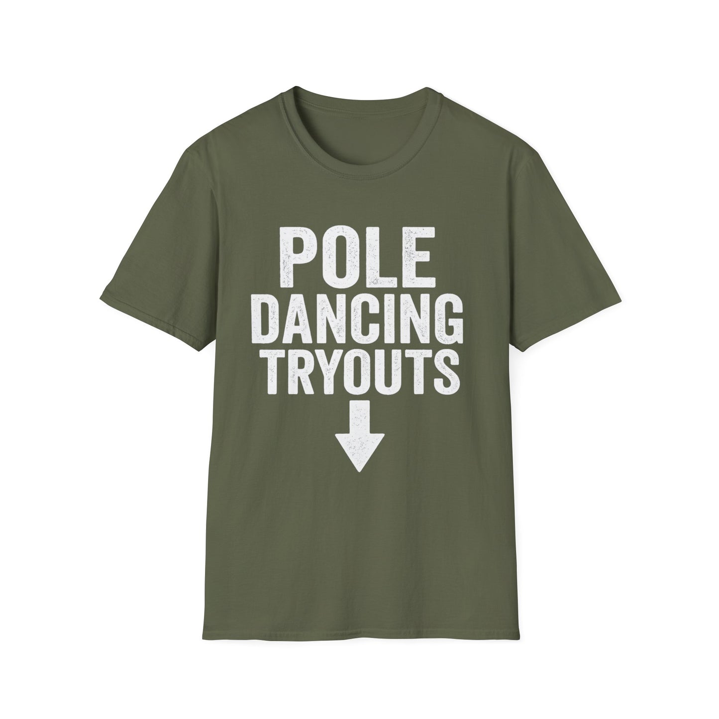 Pole Dancing Tryouts Unisex Softstyle T-Shirt, Fun Workout Tee, Fitness Gift, Dance Class Shirt, Gym Apparel, Sporty Outfit