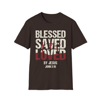 Faith-Inspired Graphic T-Shirt - Blessed, Saved, Loved - Perfect for Church, Gifts, or Everyday Wear