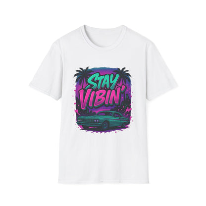 Stay Vibin' Unisex Softstyle T-Shirt, Retro Summer Tee, Cool Graphic Shirt, Gifts for Him, Beach Party Apparel, Casual Wear