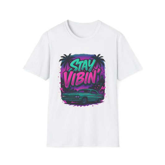 Stay Vibin' Unisex Softstyle T-Shirt, Retro Summer Tee, Cool Graphic Shirt, Gifts for Him, Beach Party Apparel, Casual Wear