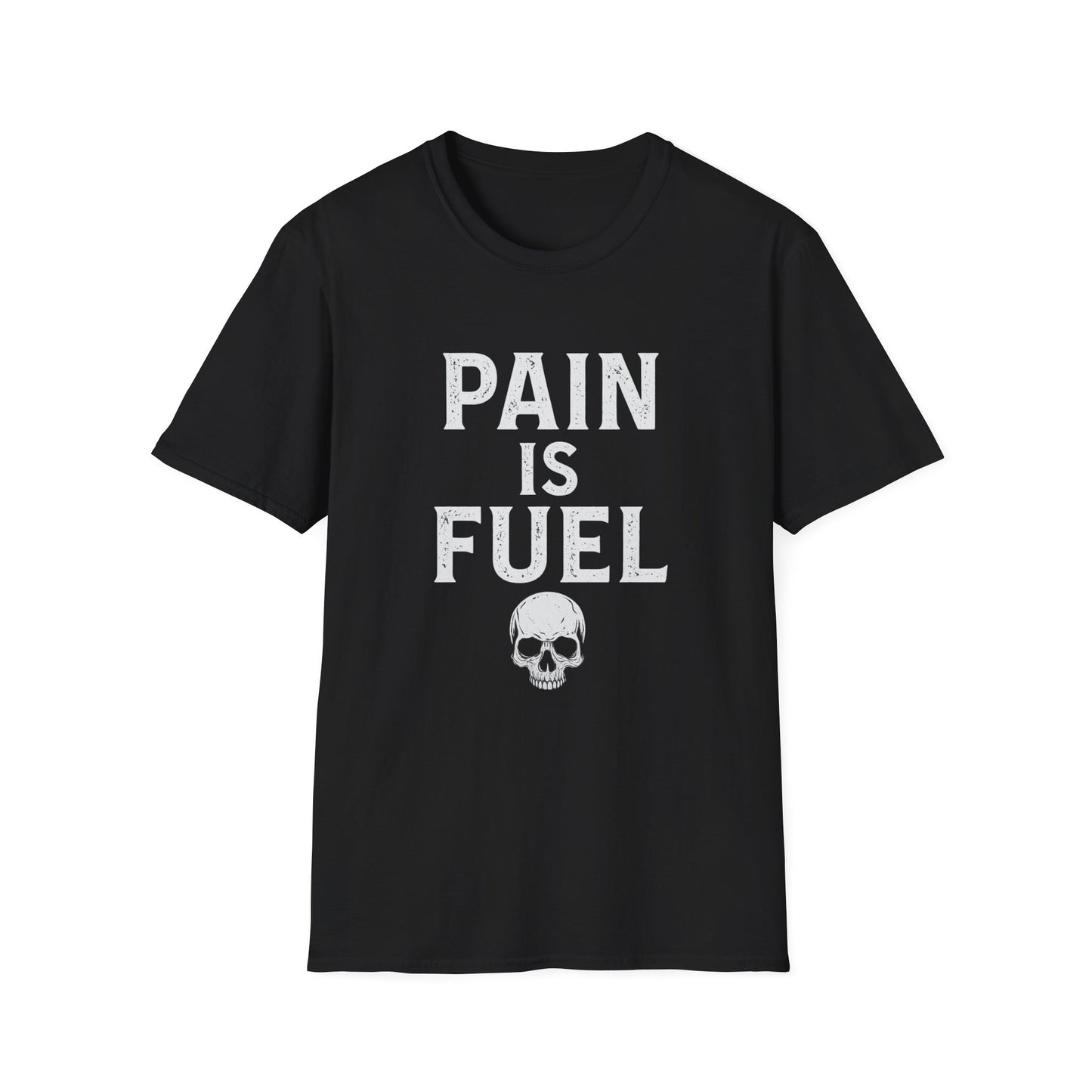 Motivational Skull T-Shirt, Unisex Softstyle Tee, Workout Apparel, Fitness Gift, Casual Wear, Pain is Fuel Design
