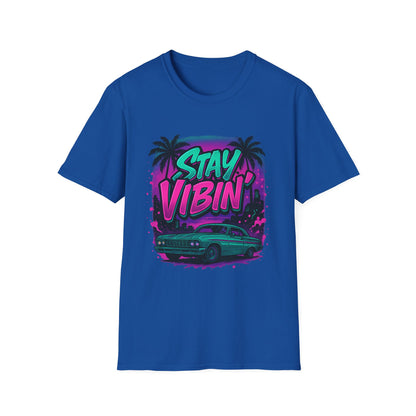 Stay Vibin' Unisex Softstyle T-Shirt, Retro Summer Tee, Cool Graphic Shirt, Gifts for Him, Beach Party Apparel, Casual Wear
