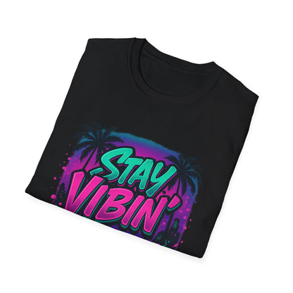Stay Vibin' Unisex Softstyle T-Shirt, Retro Summer Tee, Cool Graphic Shirt, Gifts for Him, Beach Party Apparel, Casual Wear