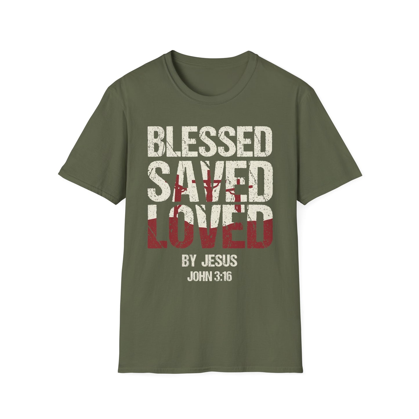 Faith-Inspired Graphic T-Shirt - Blessed, Saved, Loved - Perfect for Church, Gifts, or Everyday Wear