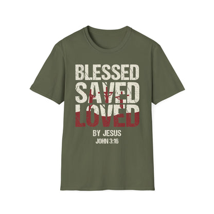 Faith-Inspired Graphic T-Shirt - Blessed, Saved, Loved - Perfect for Church, Gifts, or Everyday Wear