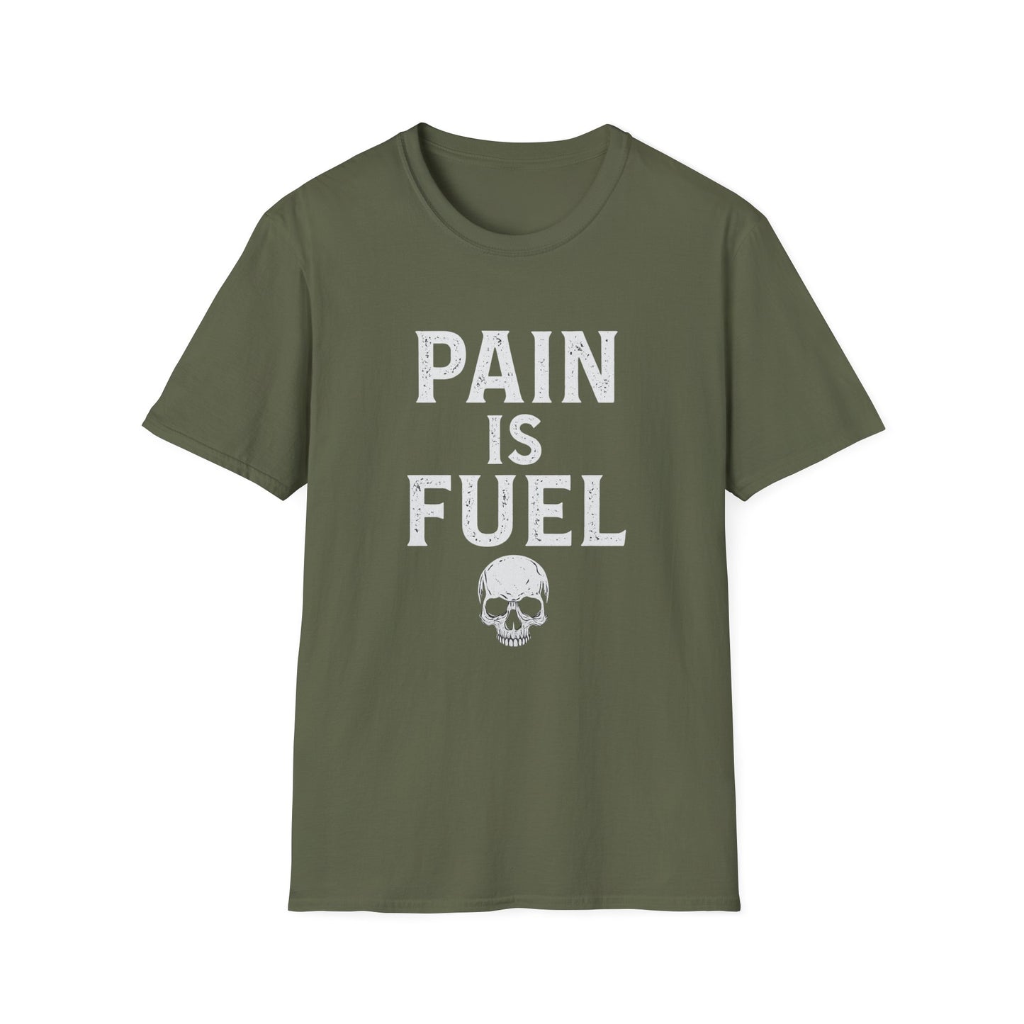 Motivational Skull T-Shirt, Unisex Softstyle Tee, Workout Apparel, Fitness Gift, Casual Wear, Pain is Fuel Design