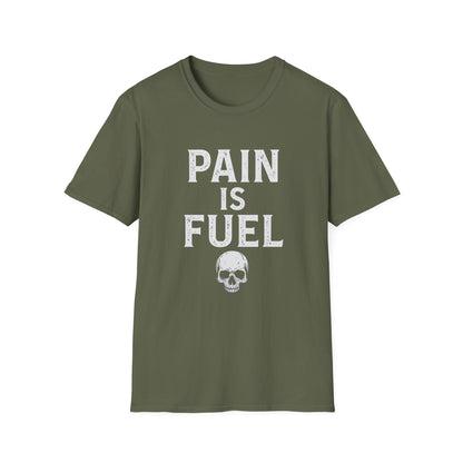 Motivational Skull T-Shirt, Unisex Softstyle Tee, Workout Apparel, Fitness Gift, Casual Wear, Pain is Fuel Design