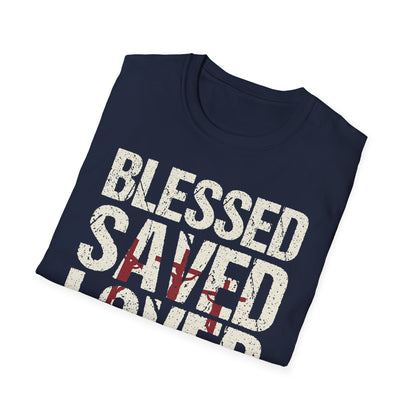 Faith-Inspired Graphic T-Shirt - Blessed, Saved, Loved - Perfect for Church, Gifts, or Everyday Wear