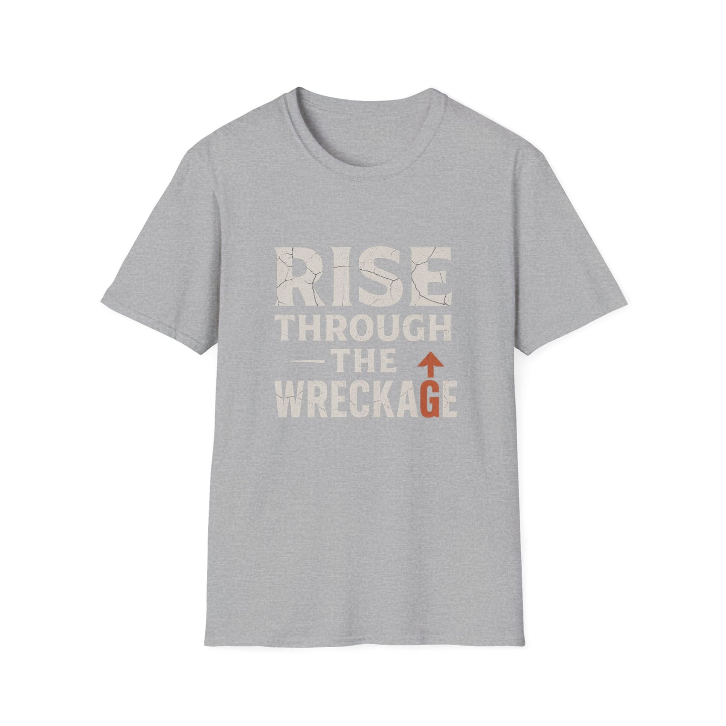 Inspirational Unisex Softstyle T-Shirt - Rise Through the Wreckage, Motivational Gift, Casual Wear, Workout Shirt, Uplifting Message Tee