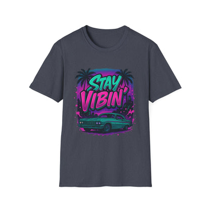 Stay Vibin' Unisex Softstyle T-Shirt, Retro Summer Tee, Cool Graphic Shirt, Gifts for Him, Beach Party Apparel, Casual Wear