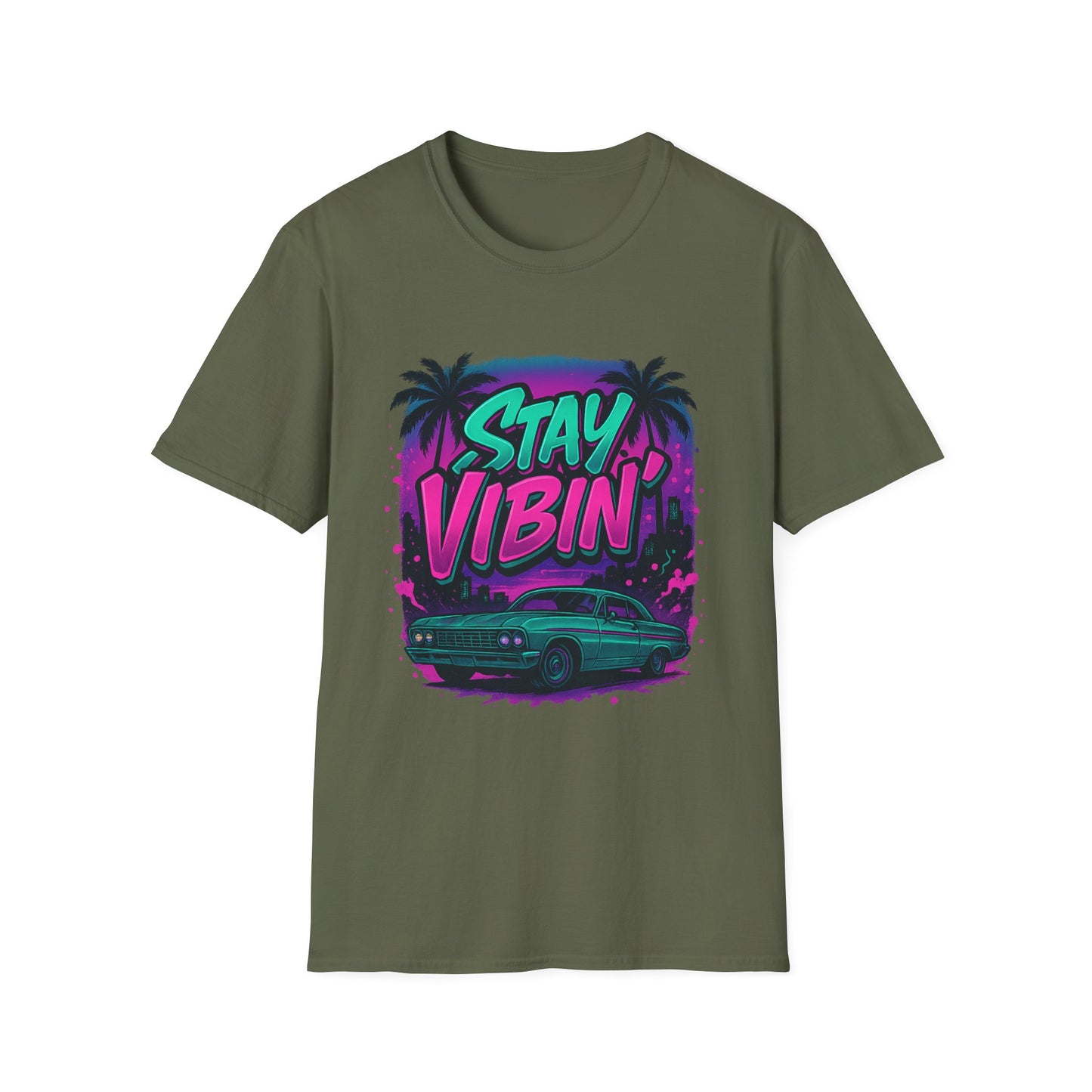 Stay Vibin' Unisex Softstyle T-Shirt, Retro Summer Tee, Cool Graphic Shirt, Gifts for Him, Beach Party Apparel, Casual Wear
