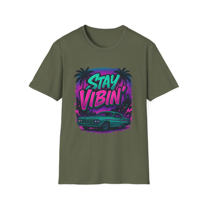 Stay Vibin' Unisex Softstyle T-Shirt, Retro Summer Tee, Cool Graphic Shirt, Gifts for Him, Beach Party Apparel, Casual Wear