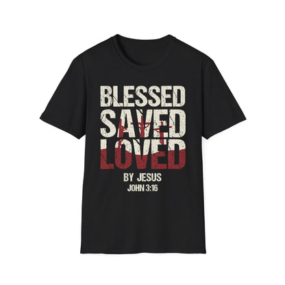 Faith-Inspired Graphic T-Shirt - Blessed, Saved, Loved - Perfect for Church, Gifts, or Everyday Wear