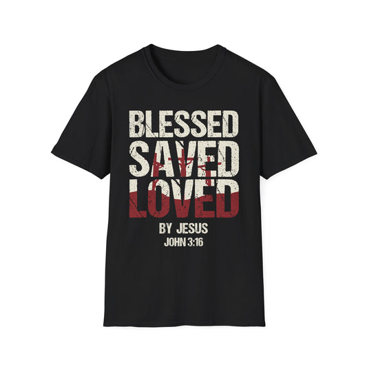 Faith-Inspired Graphic T-Shirt - Blessed, Saved, Loved - Perfect for Church, Gifts, or Everyday Wear