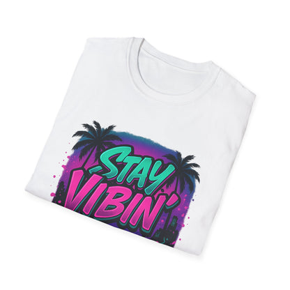 Stay Vibin' Unisex Softstyle T-Shirt, Retro Summer Tee, Cool Graphic Shirt, Gifts for Him, Beach Party Apparel, Casual Wear
