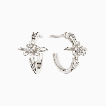 Floral Cross February Iris Birth Flower Half Hoop Stud Earrings